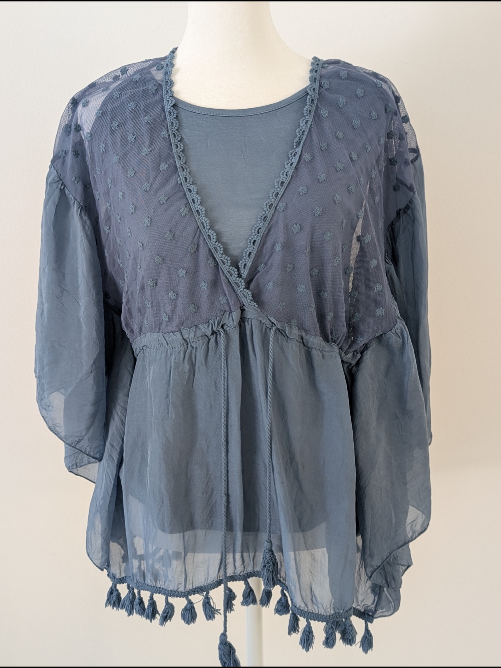 Isabel Tavares Blouse Women’s L Blue Gray Sheer Floral Tassel Lace Trim Boho Top